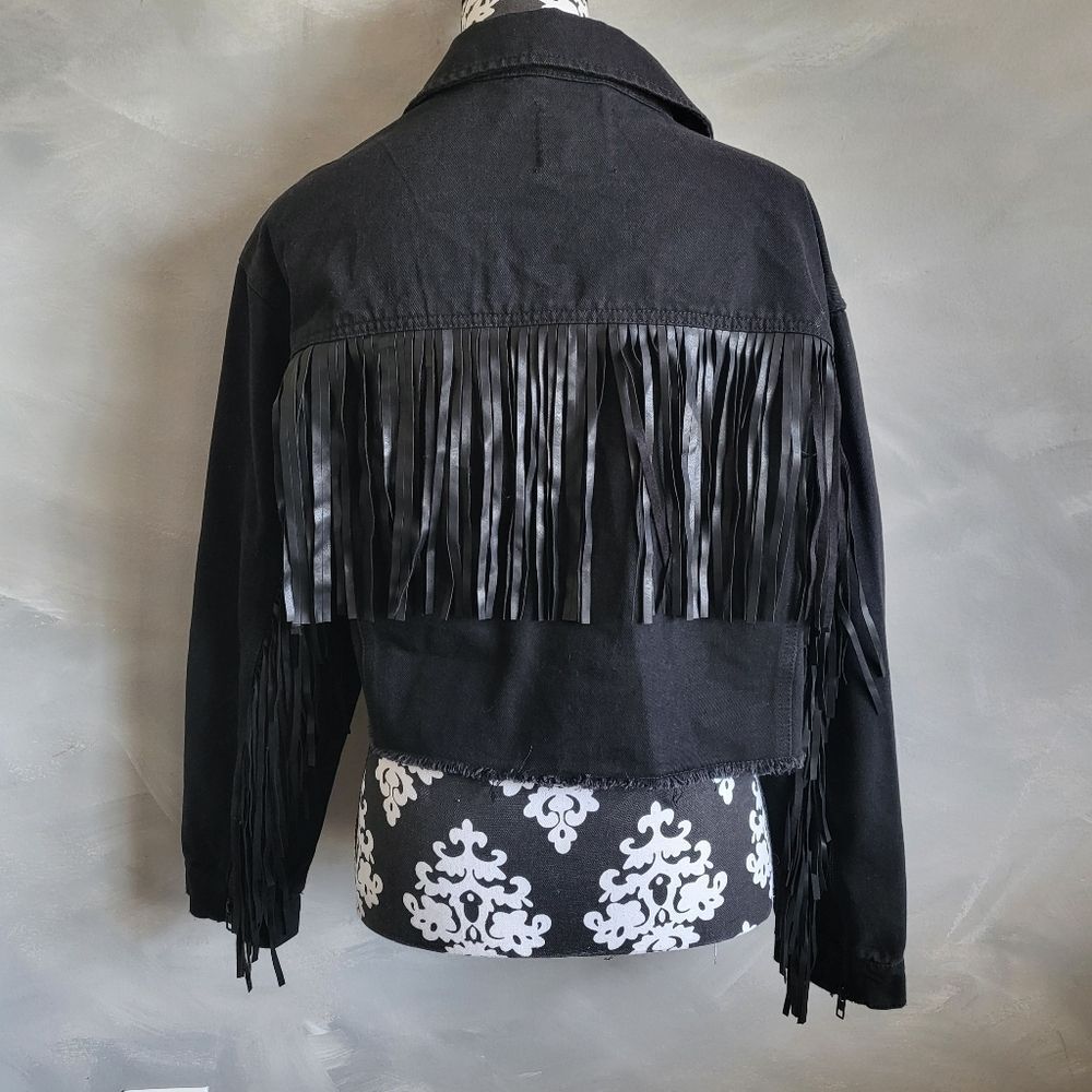 Stoosh Vintage Denim Black Crop Faux Vegan Leather Fringe Jacket Size M - Picture 1 of 8